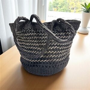 Handmade Black Woven Jute Tote Bag with Lined Interior & Dual Handles